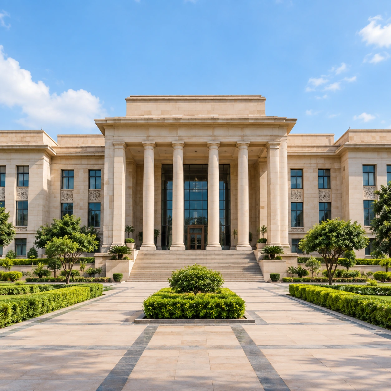 Indian civic administration building with green grounds