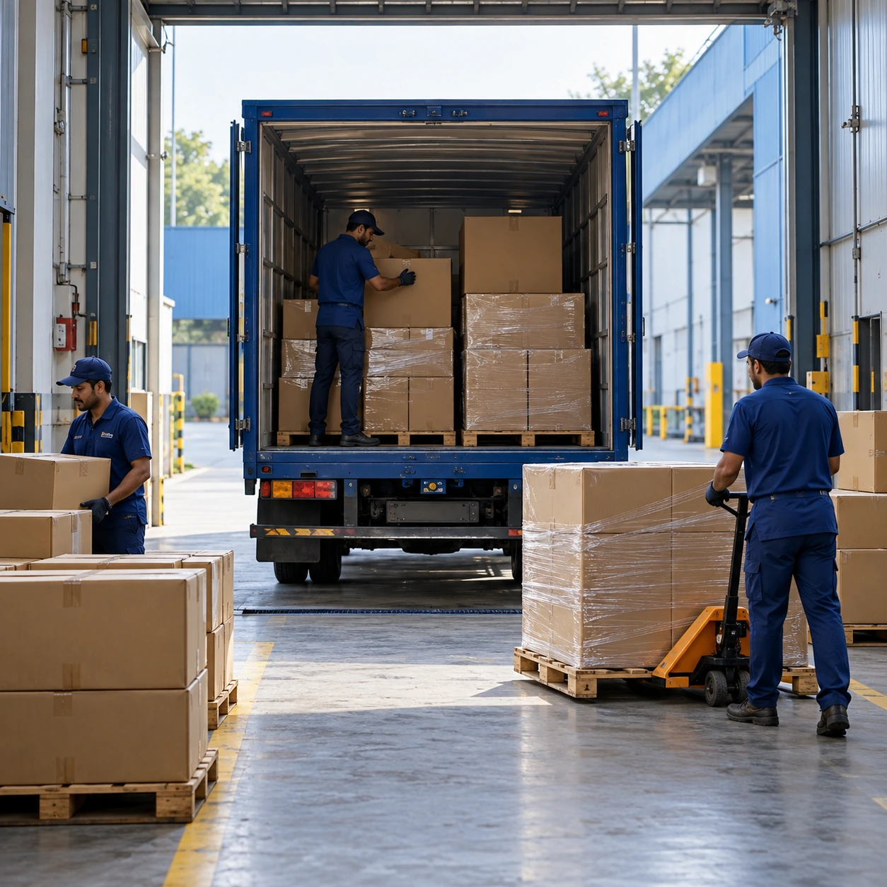 Indian warehouse loading bay with parcels ready for dispatch