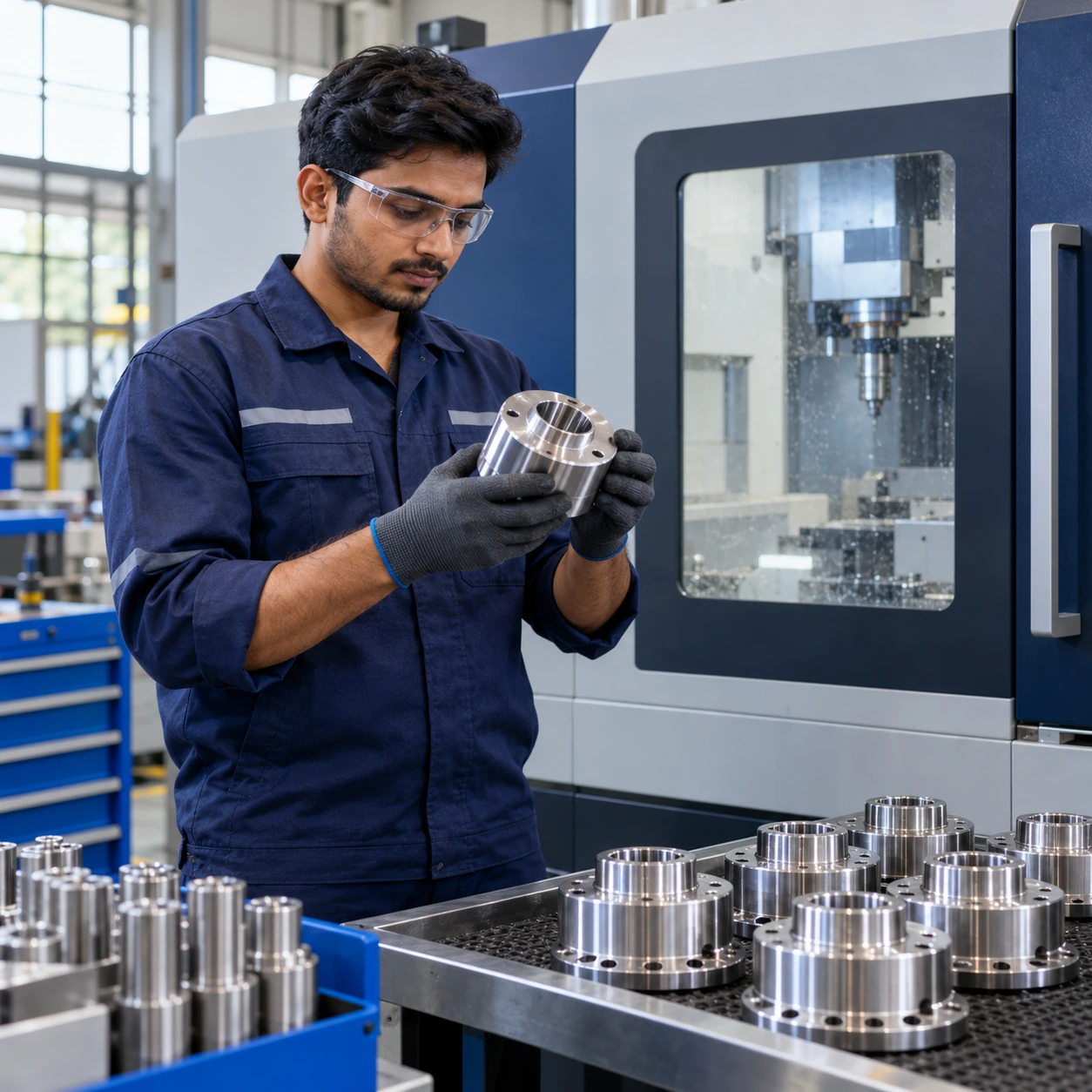 Technician working beside CNC manufacturing equipment