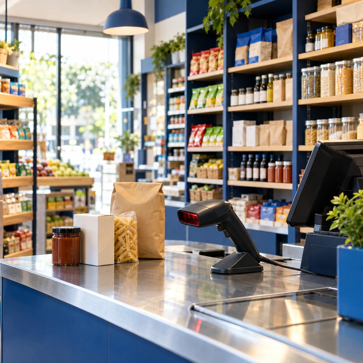 Modern Indian retail checkout with stocked shelves
