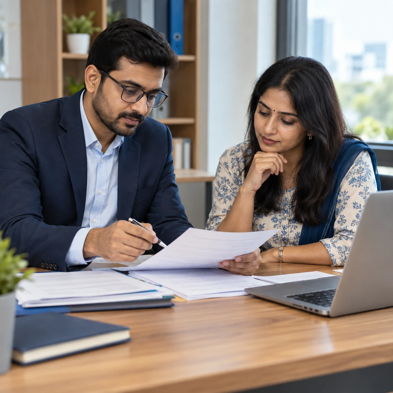 Indian accounting consultant reviewing invoices with a client