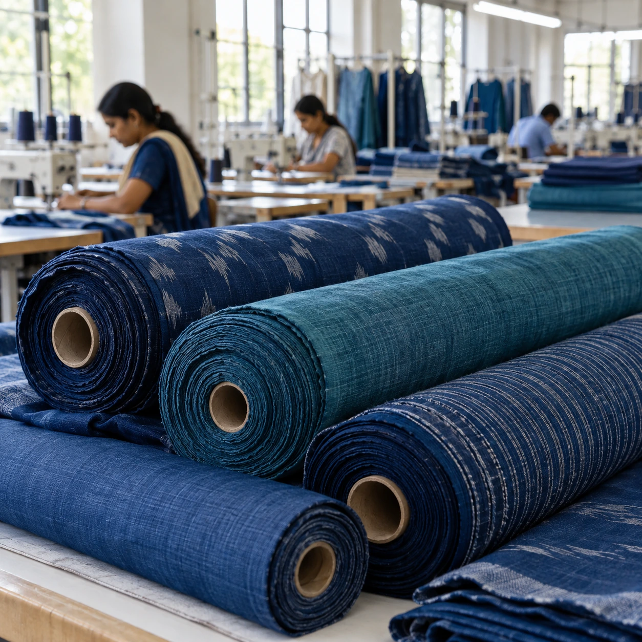 Textile rolls and garment production in an Indian workshop