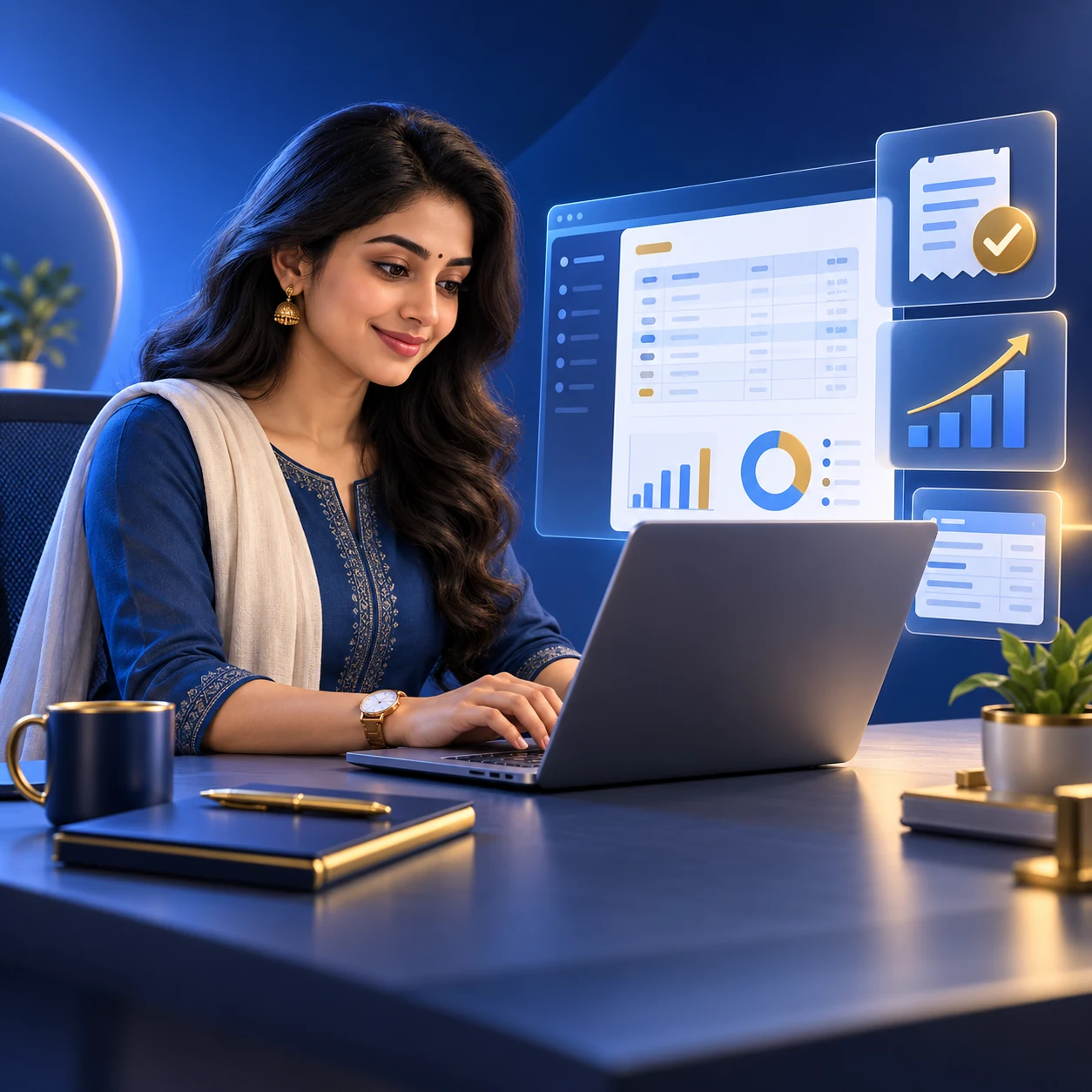 Finance professional working with Tally on a laptop